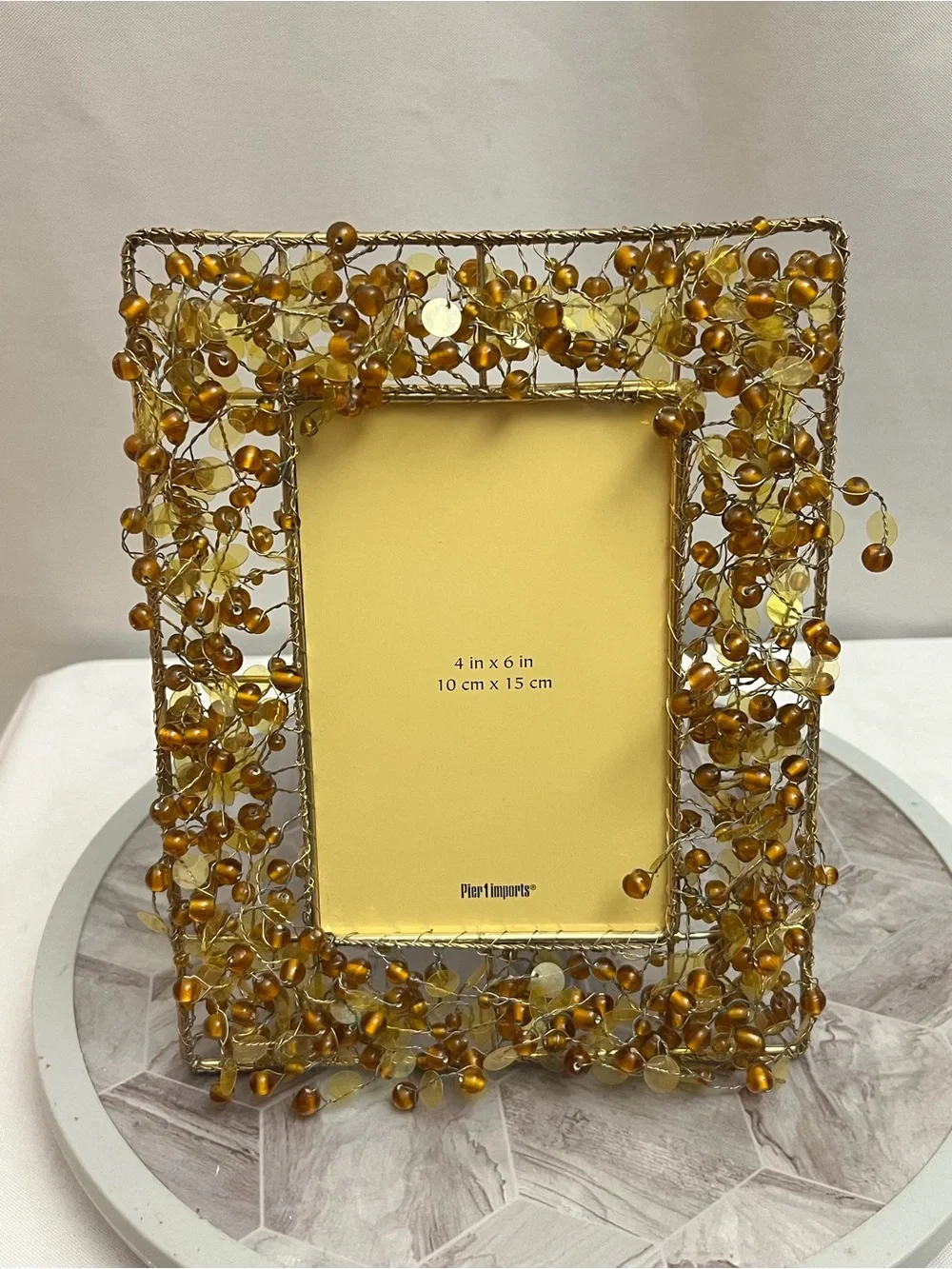 Pier 1 Imports Beaded Wire Photo Frame Gold Amber Glass 4x6 Decorative Frame